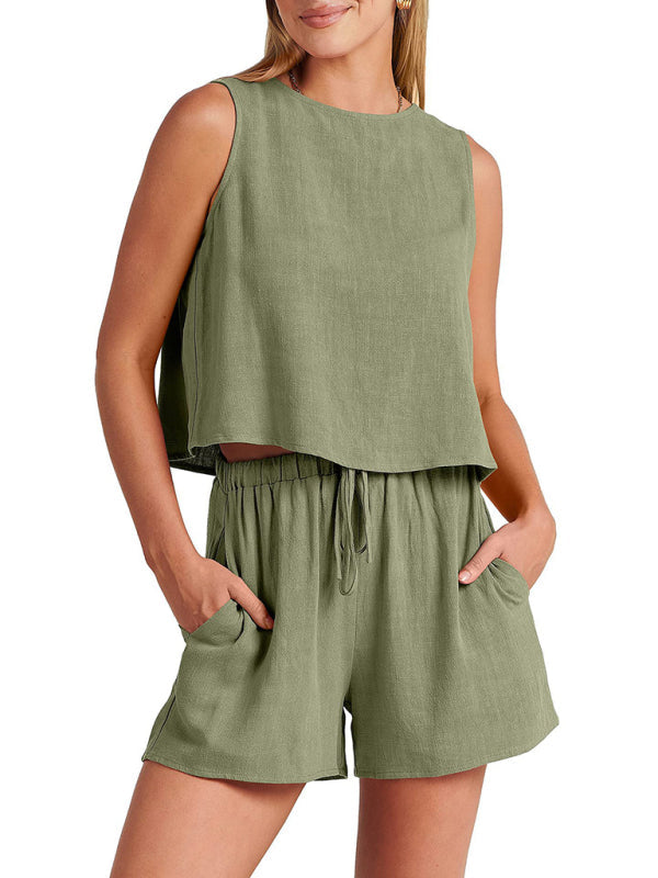 Set women's two piece cotton elegant, top and shorts, sleeveless, loose