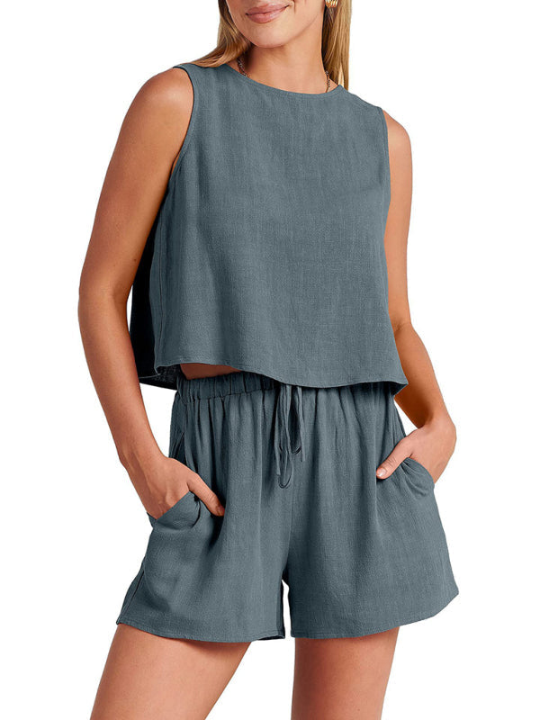 Set women's two piece cotton elegant, top and shorts, sleeveless, loose