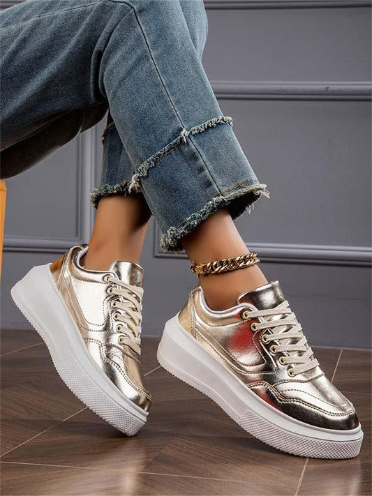 Soft leather metallic thick-soled casual shoes