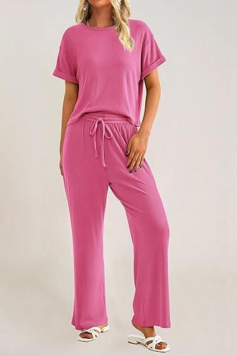 Women's Casual 2 Piece Knit Loungewear Short Sleeve T Shirts Wide Leg Pants Sets