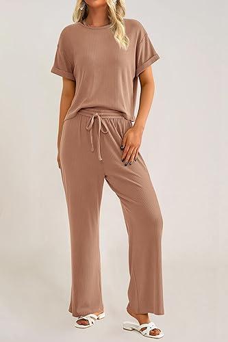 Women's Casual 2 Piece Knit Loungewear Short Sleeve T Shirts Wide Leg Pants Sets