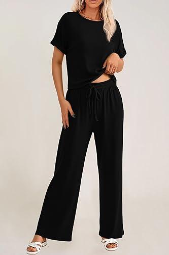 Women's Casual 2 Piece Knit Loungewear Short Sleeve T Shirts Wide Leg Pants Sets