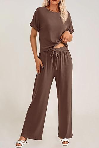 Women's Casual 2 Piece Knit Loungewear Short Sleeve T Shirts Wide Leg Pants Sets