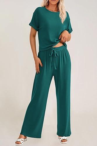 Women's Casual 2 Piece Knit Loungewear Short Sleeve T Shirts Wide Leg Pants Sets