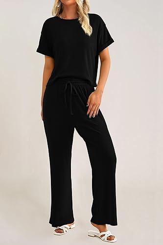 Women's Casual 2 Piece Knit Loungewear Short Sleeve T Shirts Wide Leg Pants Sets